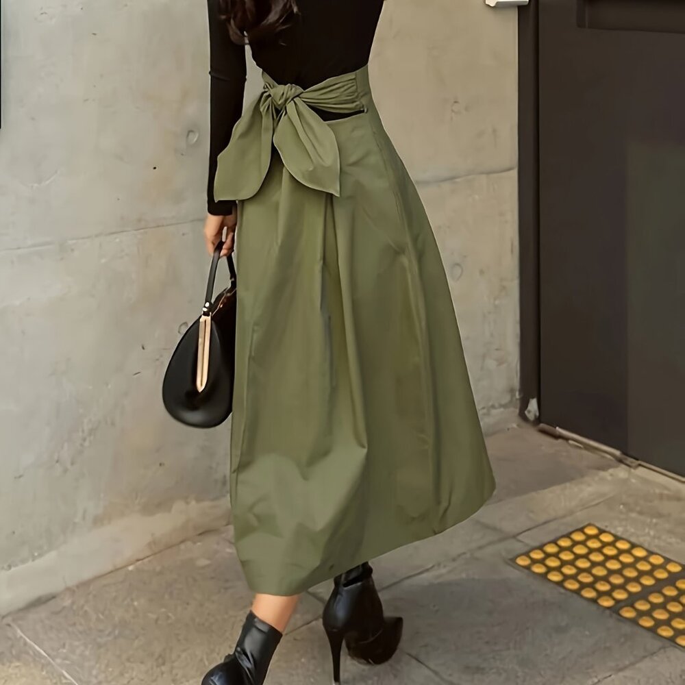 Elegant Army Green Polyester A-Line Skirt with Belt - Picture 2 of 7